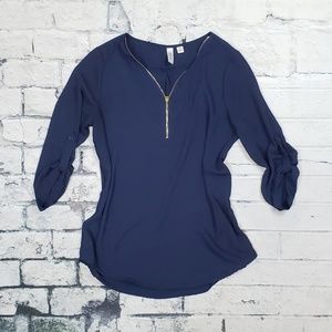 Navy ¾ sleeve Dress Top W/ Gold Zipper Detail